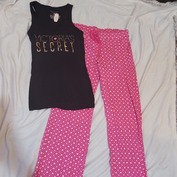 NWT Victoria's Secret Tank Pajama Set Pink Black White Gold Sparkle - Picture 3 of 11